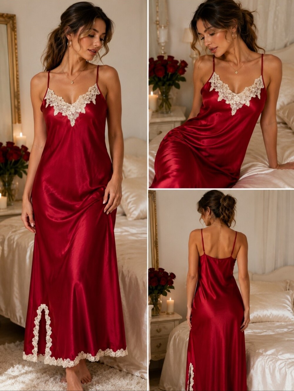 Vintage 1990s Jaclyn Smith Studio Intimates Red Satin Lace Chemise Nightgown